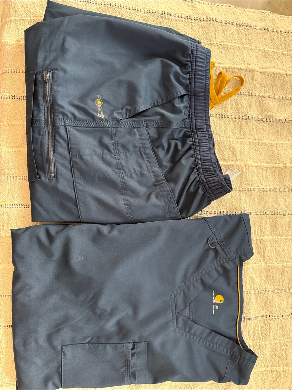 Carhartt Navy Work Sweatpants & Scrub Top with Yellow Drawcord Accent